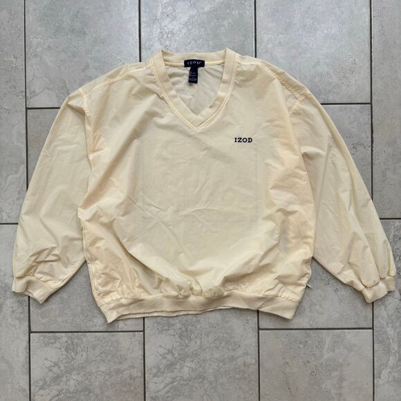 VINTAGE IZOD Pullover V Neck Nylon Windbreaker Jacket Size L Mens Cream 90s - Picture 1 of 7
